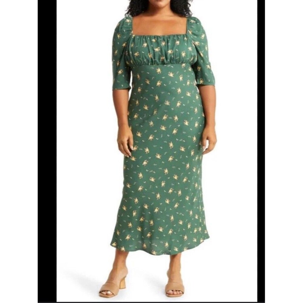 Fourteenth Place Benji Floral Midi Dress in Hunter Floral‎ Green Large 208